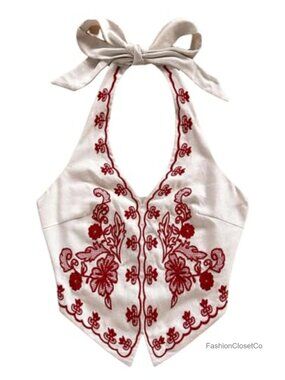 Boho Halter Tank Top Women's Embroidered Backless Sleeveless Festival Top